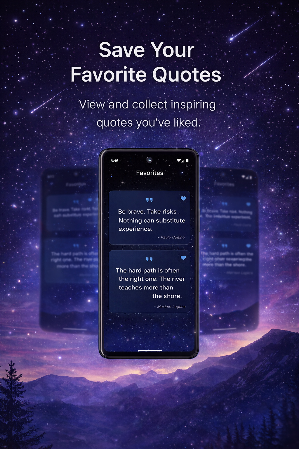 Promotional image displaying the favorites collection screen with multiple saved inspirational quotes