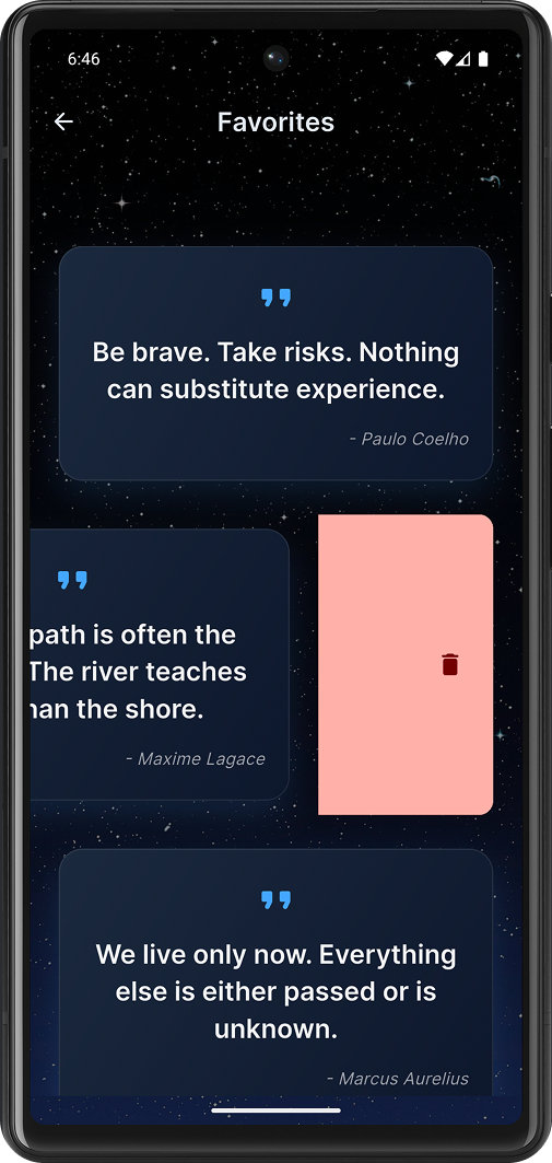 Favorites list with swipe-to-delete gesture shown, demonstrating how to remove quotes from favorites
