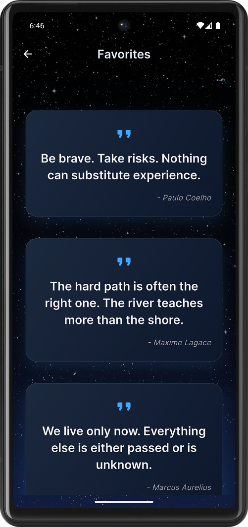 Favorites list showing multiple saved quotes from Paulo Coelho, Maxime Lagace, and Marcus Aurelius